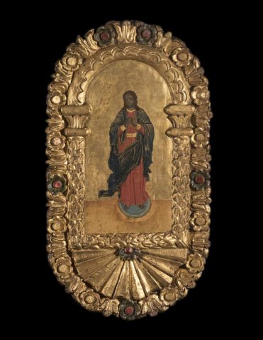 Ξυλόγλυπτος επιχρυσωμένος Σταυρός και Λυπηρά τέμπλου. 19ος αι.     ----    Carved wooden gilded Cross topping the Sanctuary screen and icons of the sorrowing Virgin and St John the Theologian, 19th c.