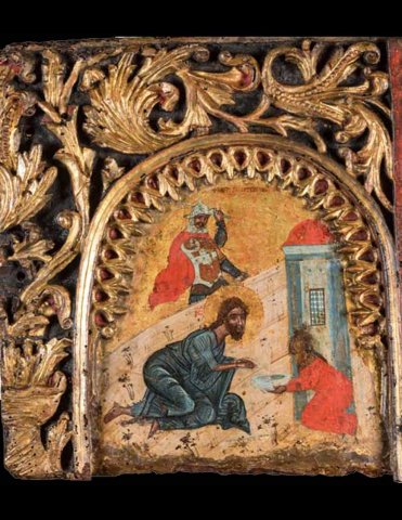 Επιχρυσωμένο ξυλόγλυπτο τμήμα τέμπλου με την παράσταση της αποτομής της Τιμίας Κεφαλής του Αγίου Ιωάννου του Προδρόμου. 18ος αι.      -----     Wood-carved gilded part of Iconostasis with the representation of the Beheading of St John the Baptist, 18