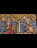 Ξυλόγλυπτο τμήμα τέμπλου με την παράσταση δύο Αποστόλων. 19ος αι.     -----      Part of a wood-carved Iconostasis with the images of two apostles, 19th c.
